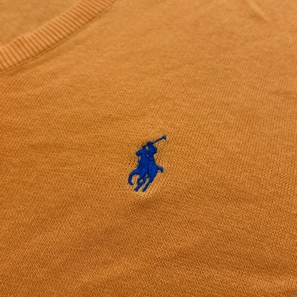 Polo Ralph Lauren V-Neck Sweater Small Orange Pima Cotton Blue Pony Logo - Picture 7 of 7